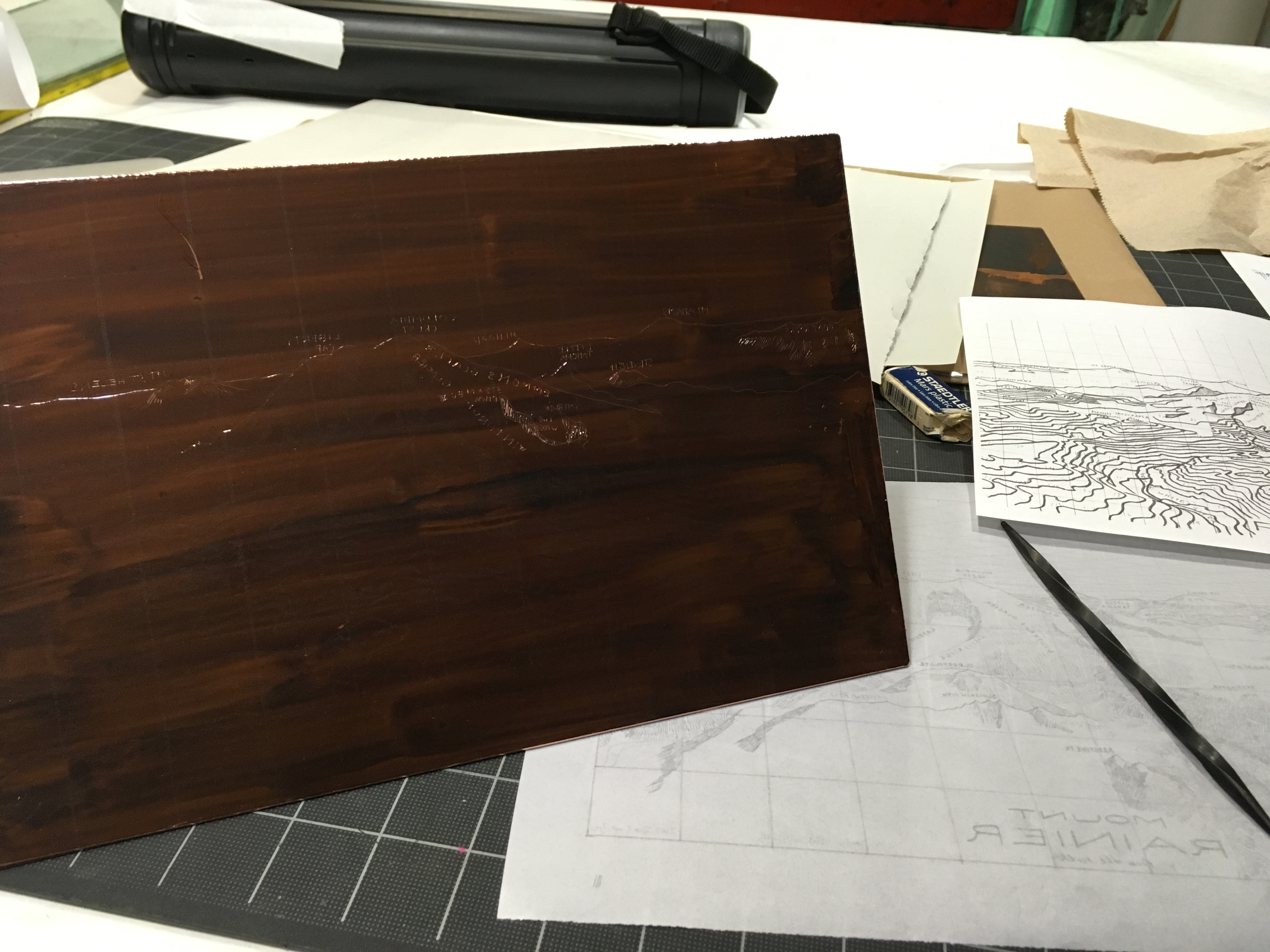 drawing the design on the grounded copper plate