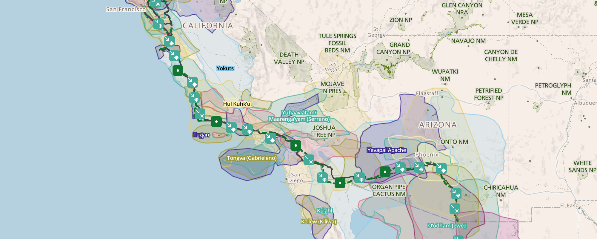 screenshot of the National Park Service interactive map of Juan Bautista de Anza National Historic Trail with indigenous lands, historic sites related to the trail, and modern-day visitor facilities featured