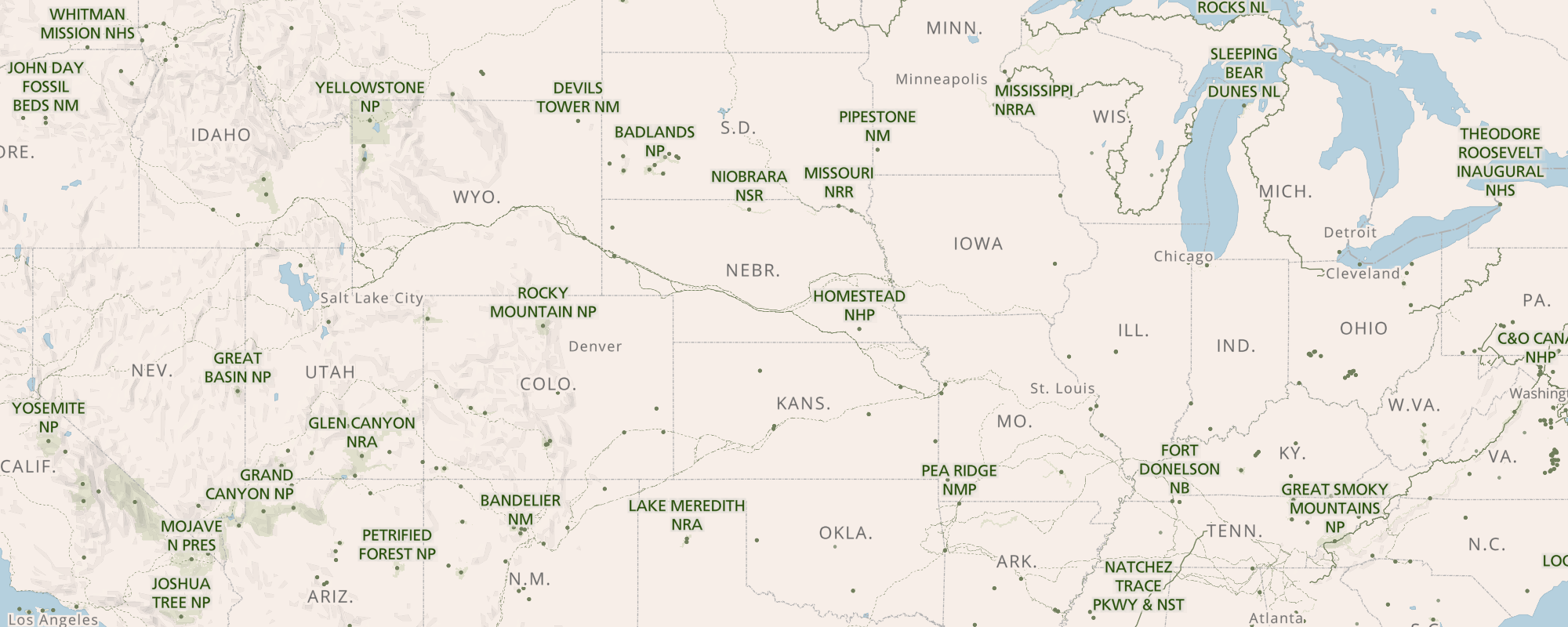 screenshot of the Park Tiles Standard basemap showing an area of the United States centered on Nebraska with NPS units labeled