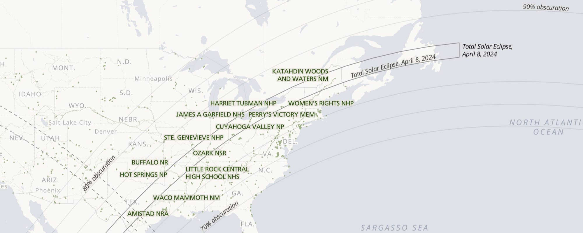 screenshot of the National Park Service interactive map of the 2023 and 2024 solar eclipses labeled with parks offering eclipse-related programs during the events
