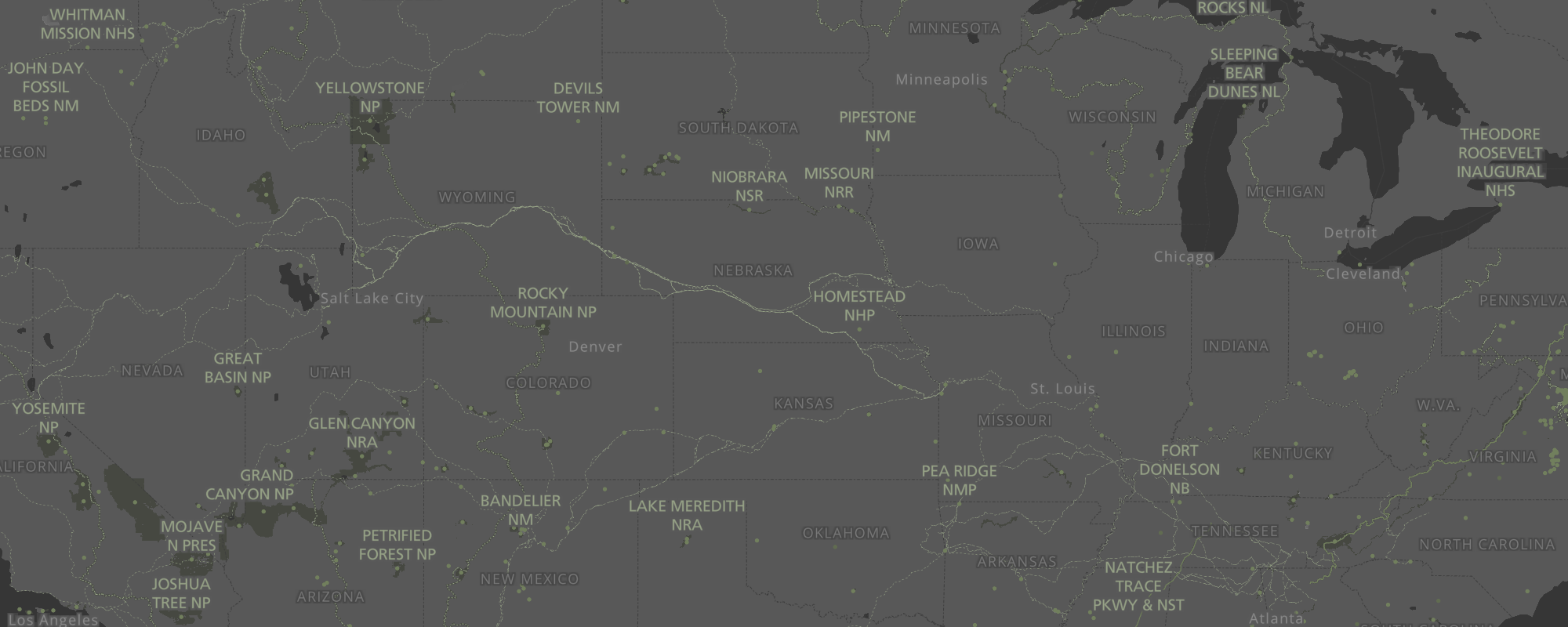 screenshot of the Park Tiles Slate basemap showing an area of the United States centered on Nebraska with NPS units labeled