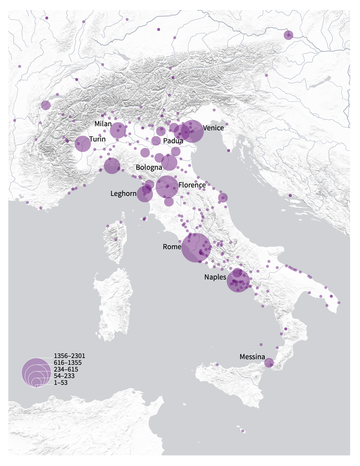 map of the Italian peninsula showing quantities of visits to cities by all Grand Tourists in the eighteenth century