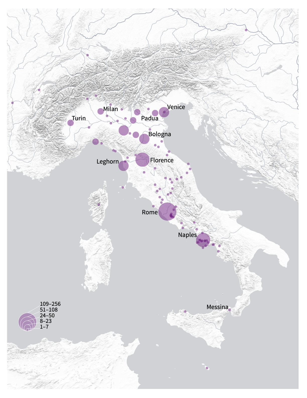 map of the Italian peninsula showing quantities of visits to cities by visual artists on the Grand Tour in the eighteenth century