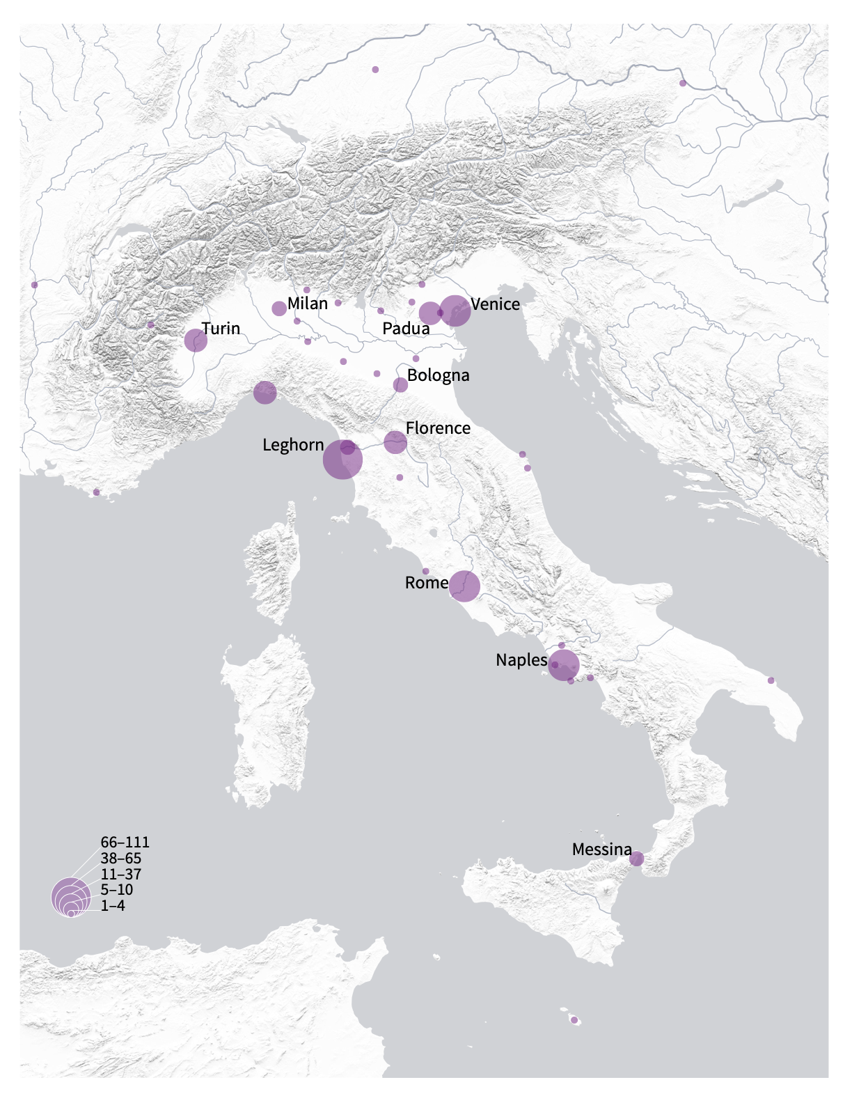 map of the Italian peninsula showing quantities of visits to cities by persons with economic-related professions on the Grand Tour in the eighteenth century
