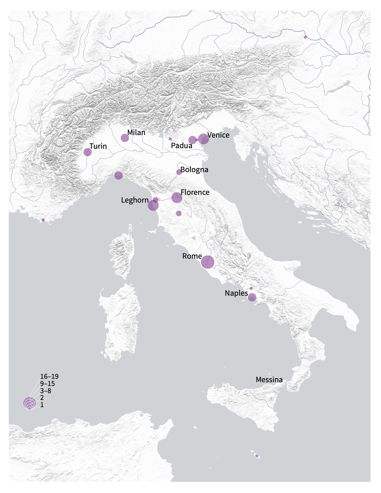 map of the Italian peninsula showing quantities of visits to cities by financiers and traders on the Grand Tour in the eighteenth century