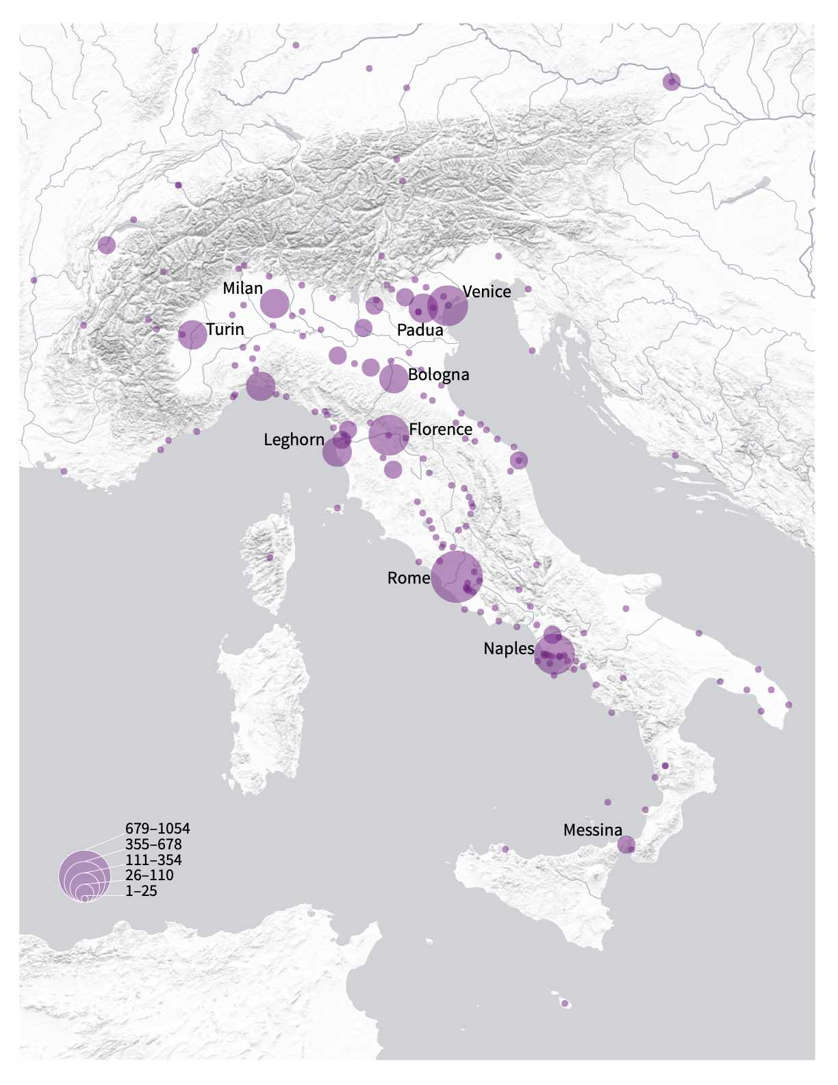 map of the Italian peninsula showing quantities of visits to cities by statesmen and political appointees on the Grand Tour in the eighteenth century